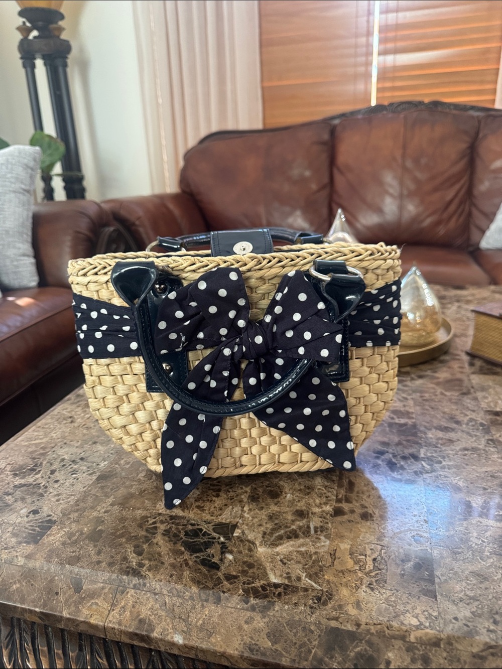 LOFT Woven Straw Tote with Black Polka Dot Bow